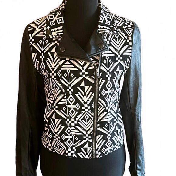 Blu Pepper Jackets & Blazers - Blu Pepper Womens Moto Jacket Small Black White Aztec Print Bohochic